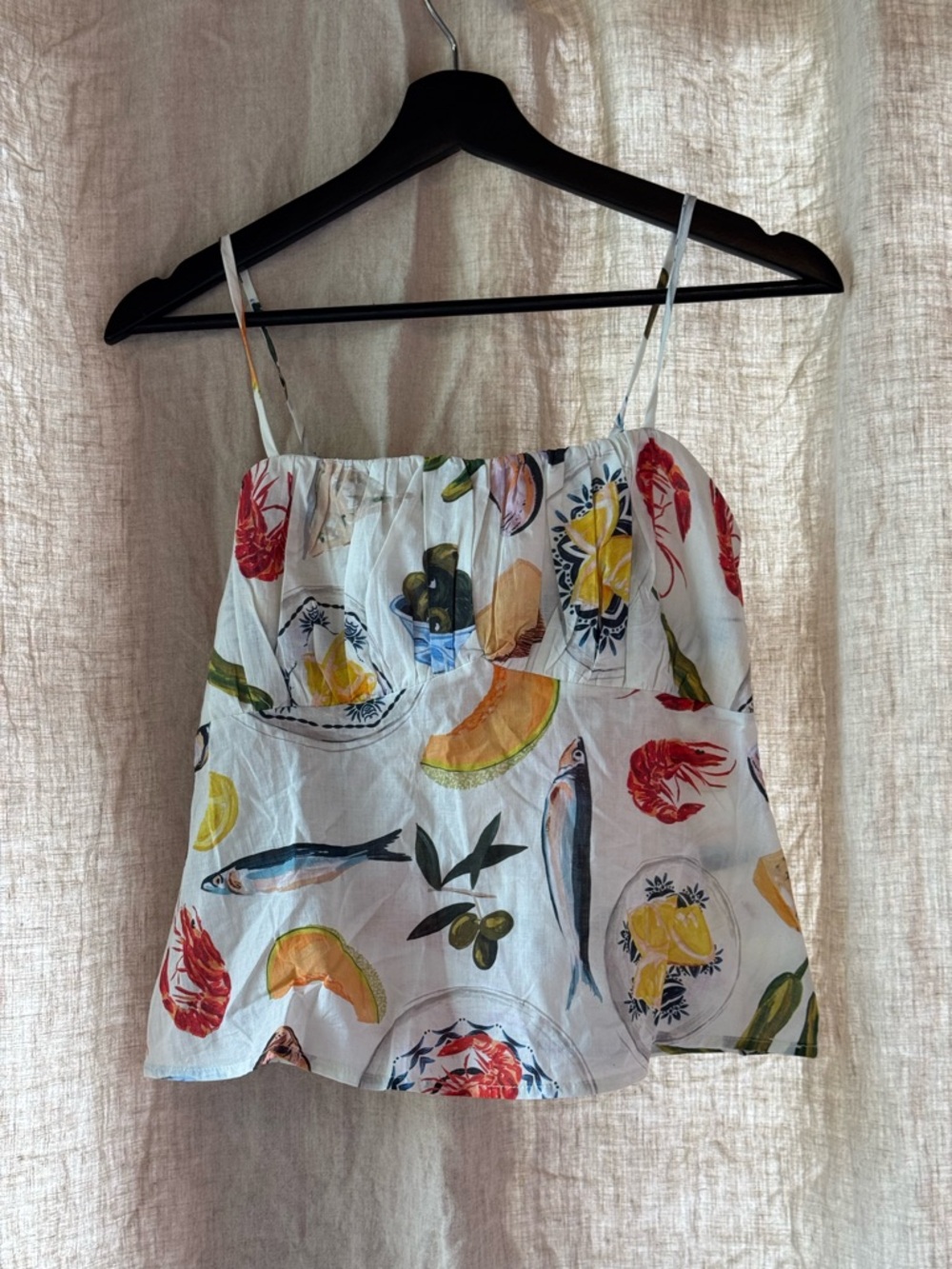 Lisa Says Gah White Smocked Top with Multicolor Tapas Print